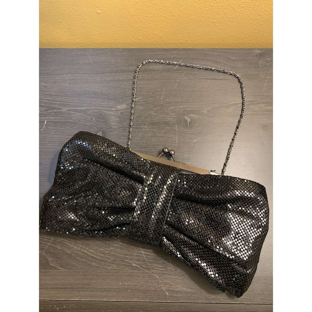 Jessica McClintock Black Sequin‎ Bow Evening Bag Gold Chain Party Wedding